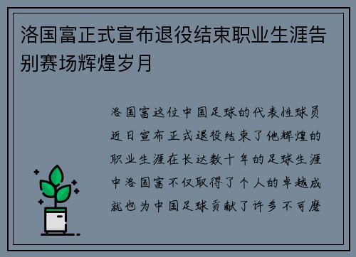 洛国富正式宣布退役结束职业生涯告别赛场辉煌岁月