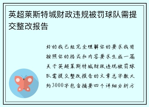 英超莱斯特城财政违规被罚球队需提交整改报告